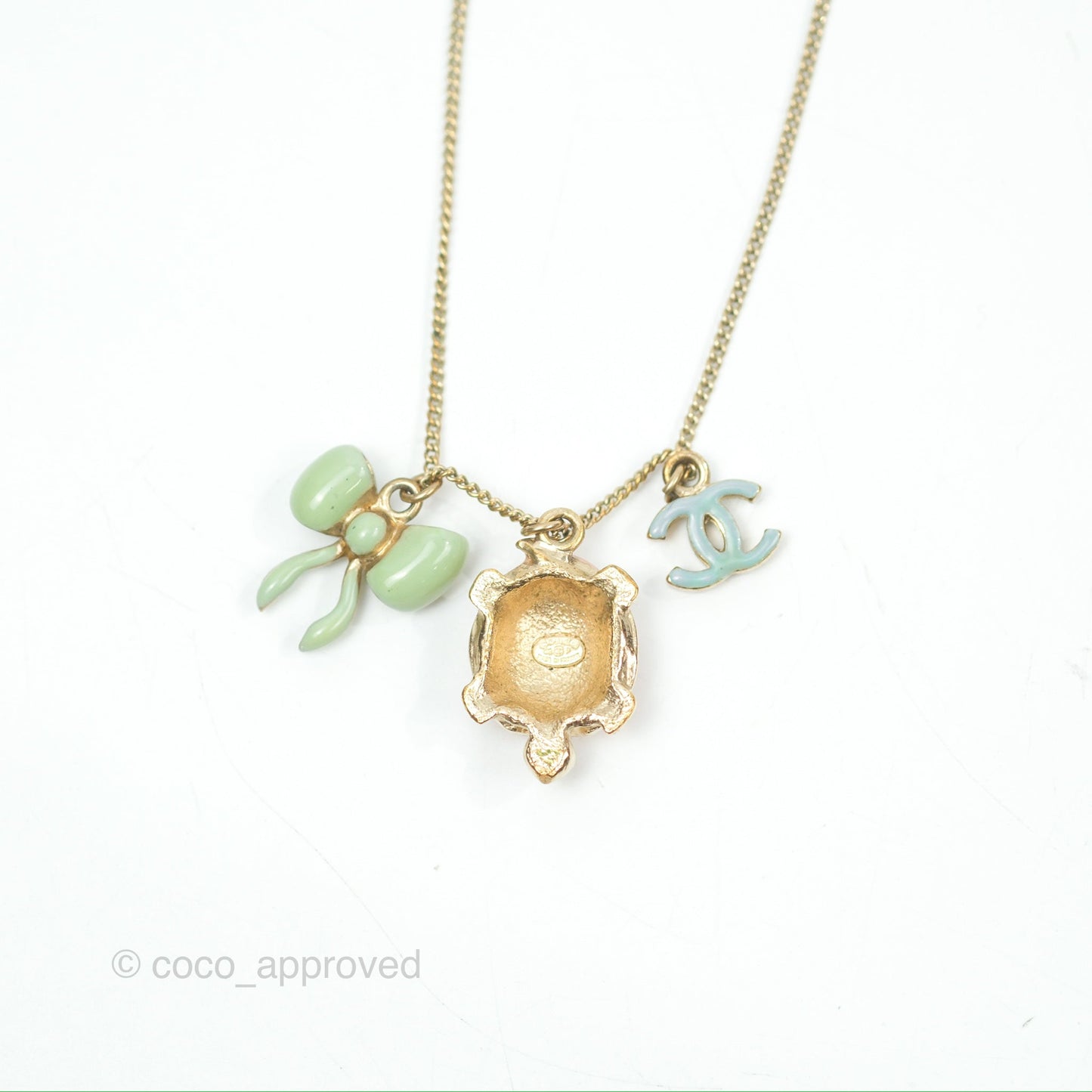 Chanel Turtle Ribbon CC Charms Necklace Gold Tone 06P