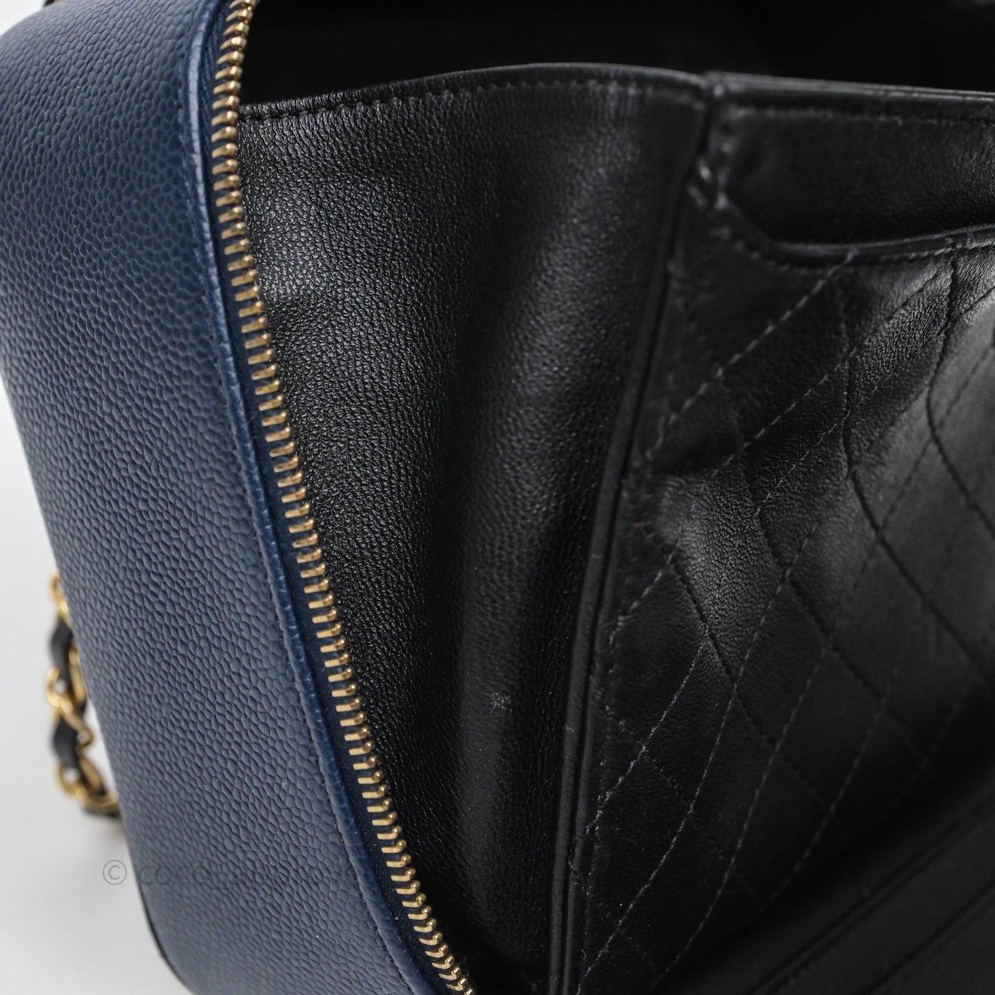 Chanel Quilted Large CC Filigree Vanity Case Navy Black Caviar Aged Gold Hardware