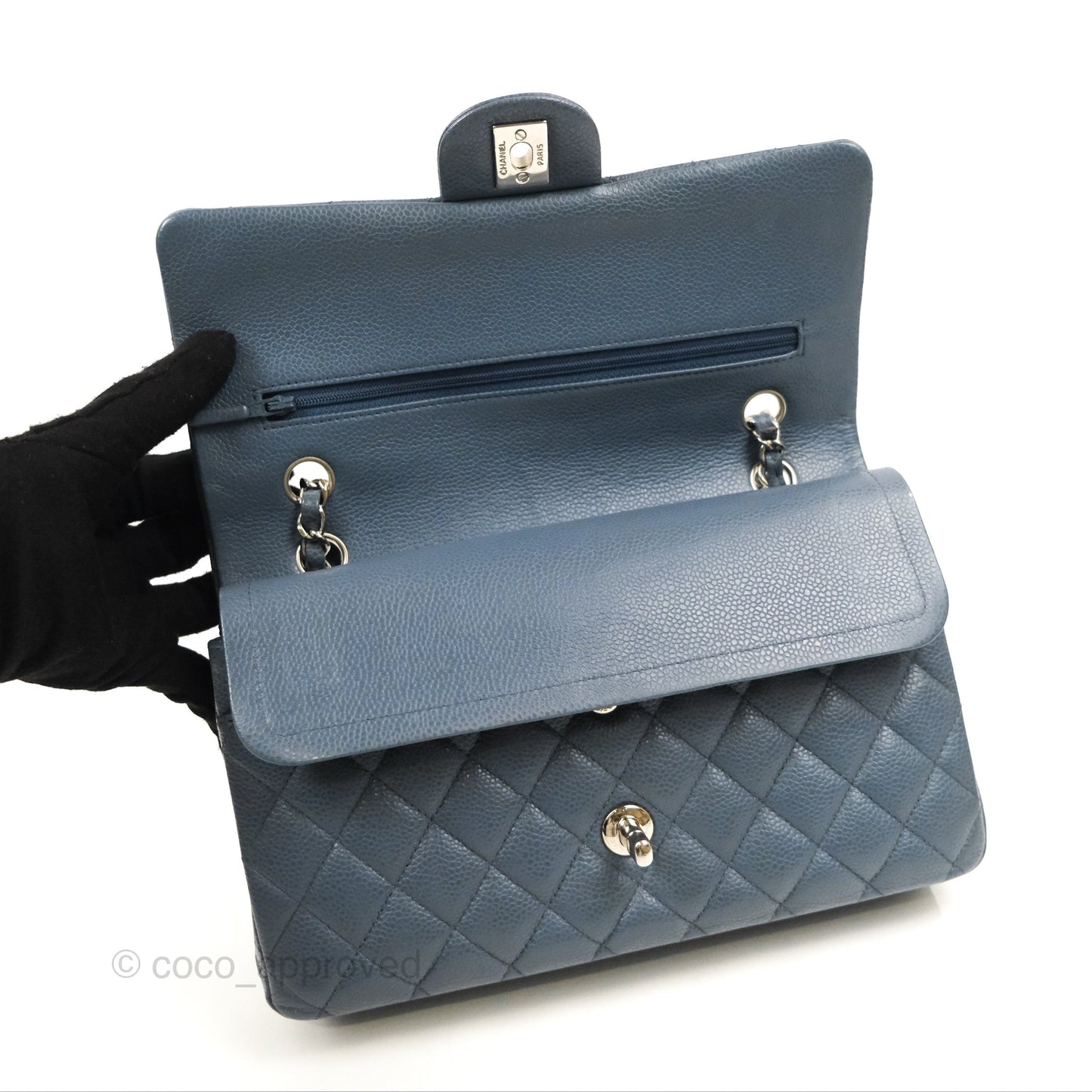 Chanel Classic Double Flap Quilted M/L Blue Caviar Silver Hardware