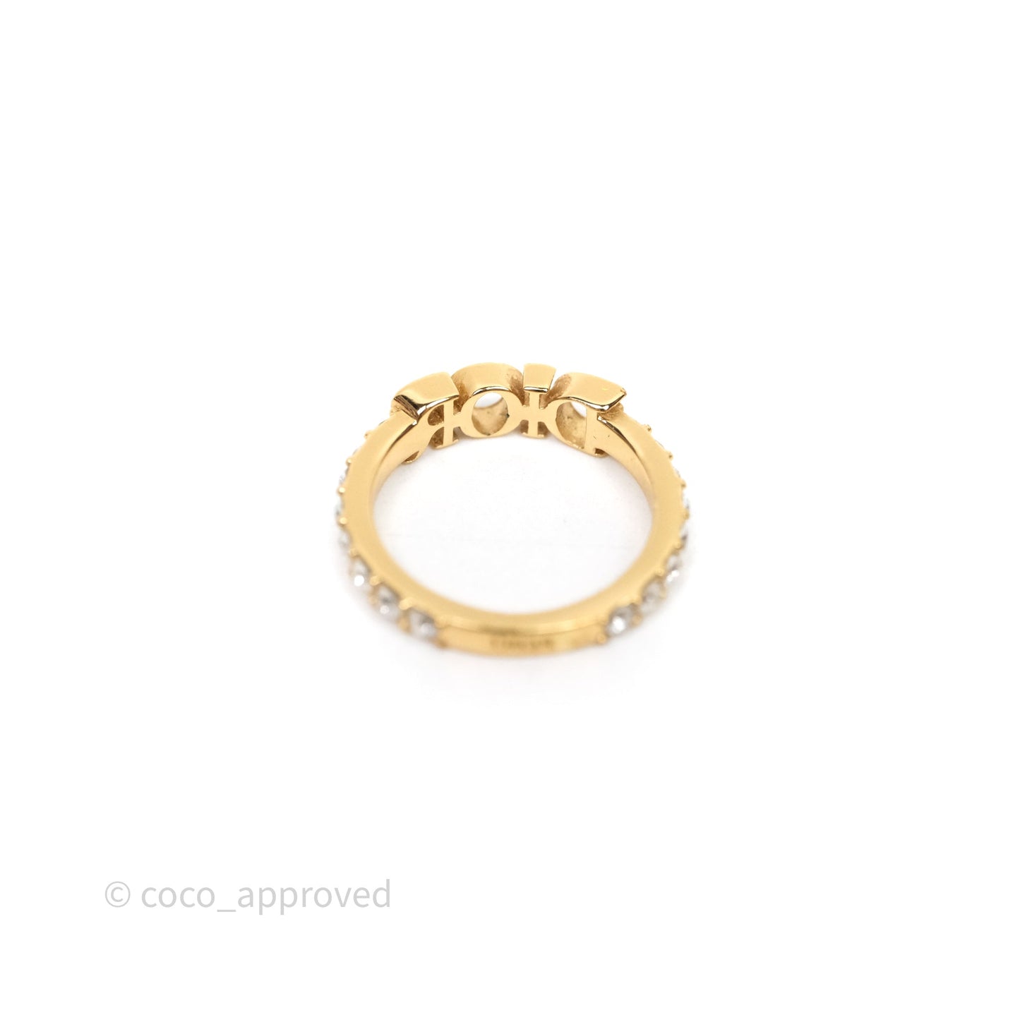 Christian Dior Crystal Logo Ring Gold Tone Size S