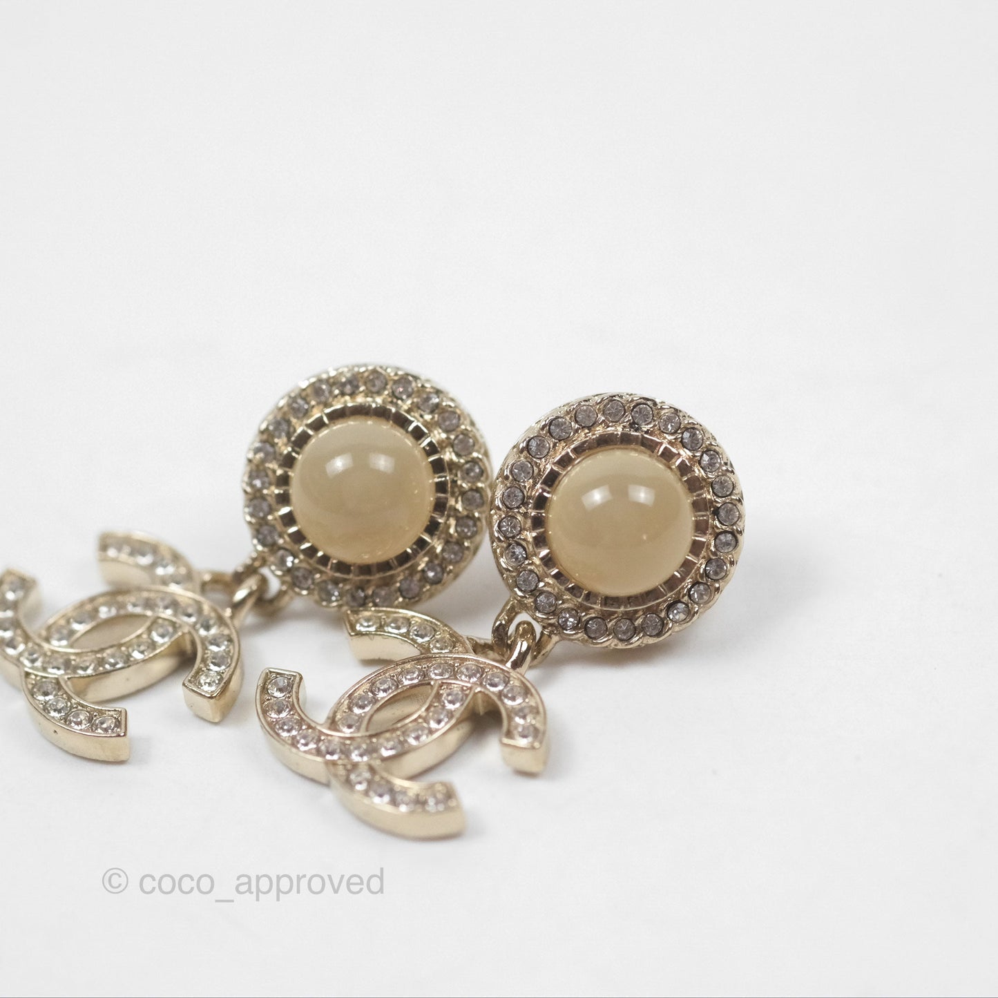 Chanel Round Resin Crystal CC Drop Earrings Gold Tone 21B