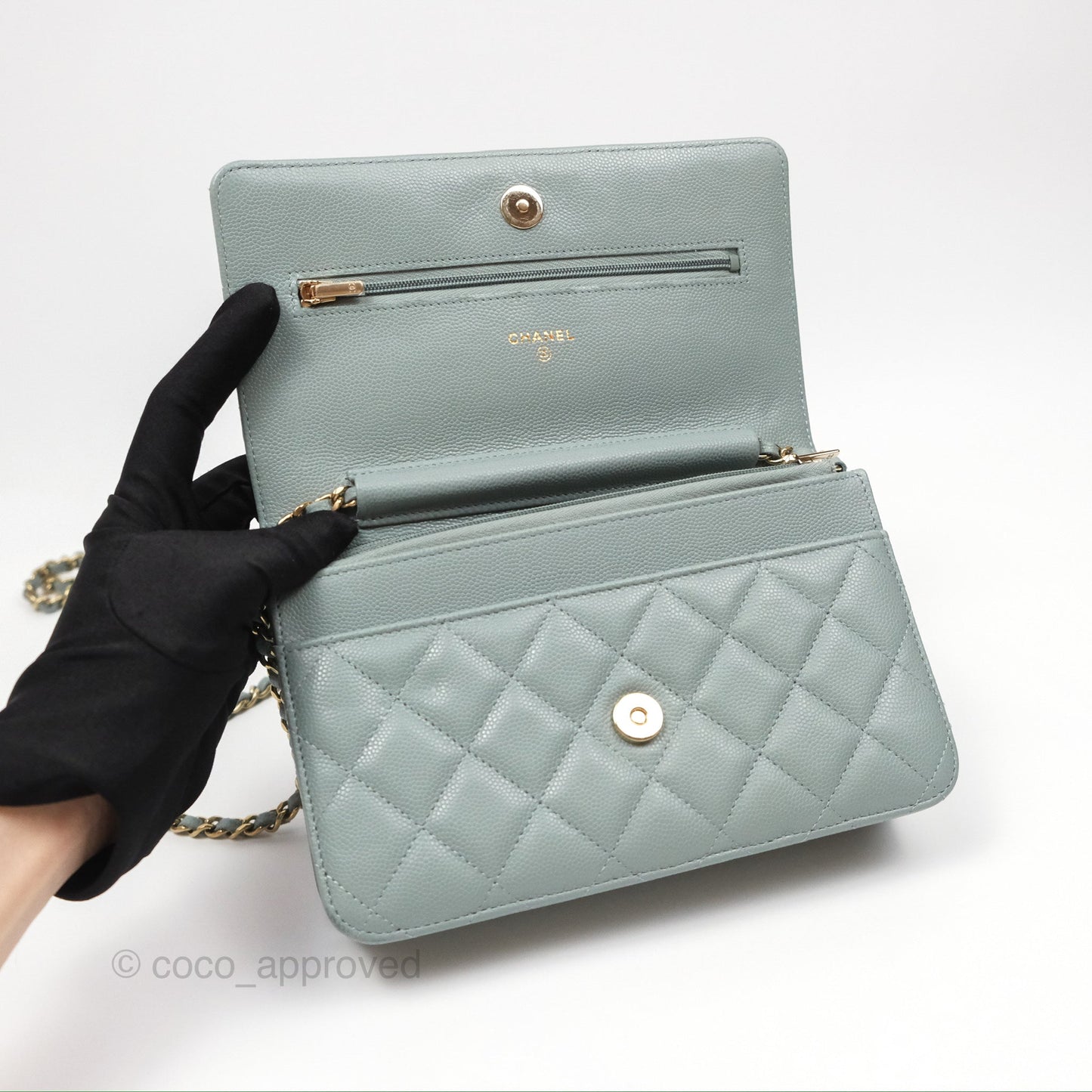Chanel Quilted Classic Wallet on Chain WOC Green Caviar Silver Hardware