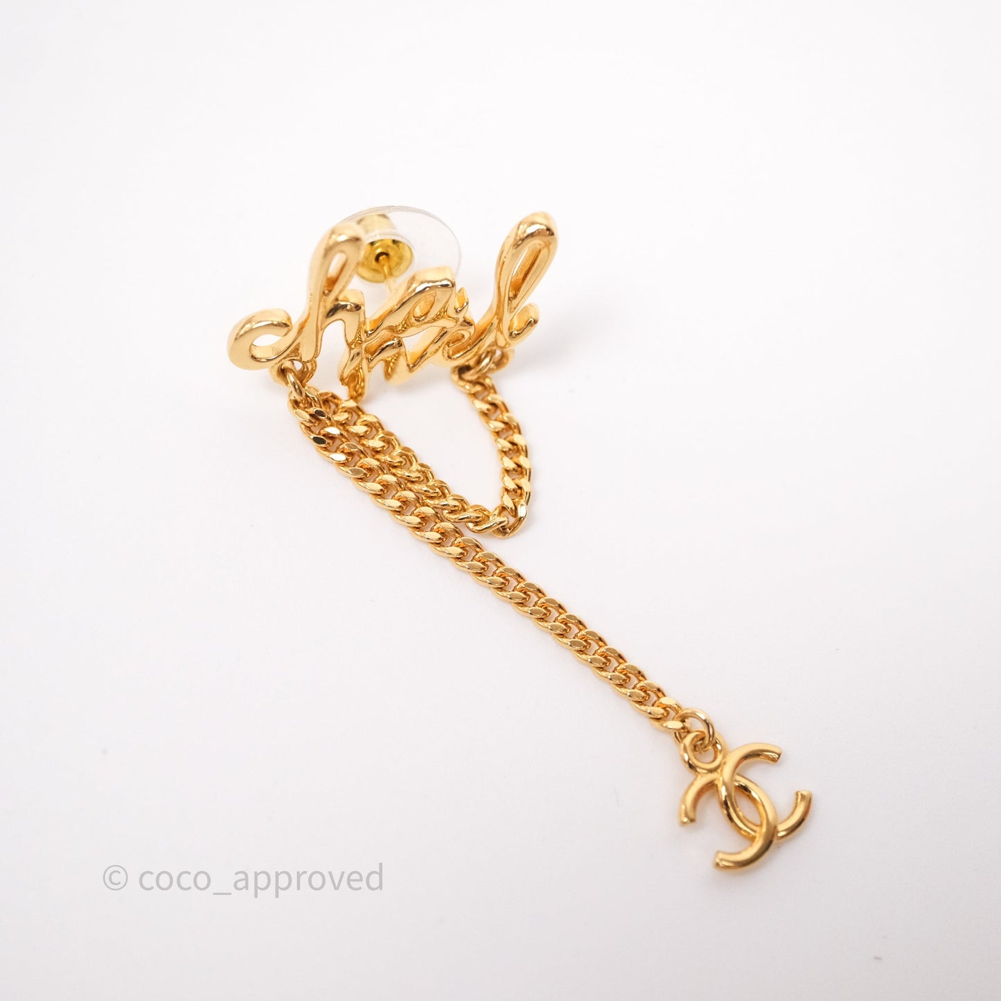 Chanel Metal Logo Drop Chain Earrings Gold Tone 24C