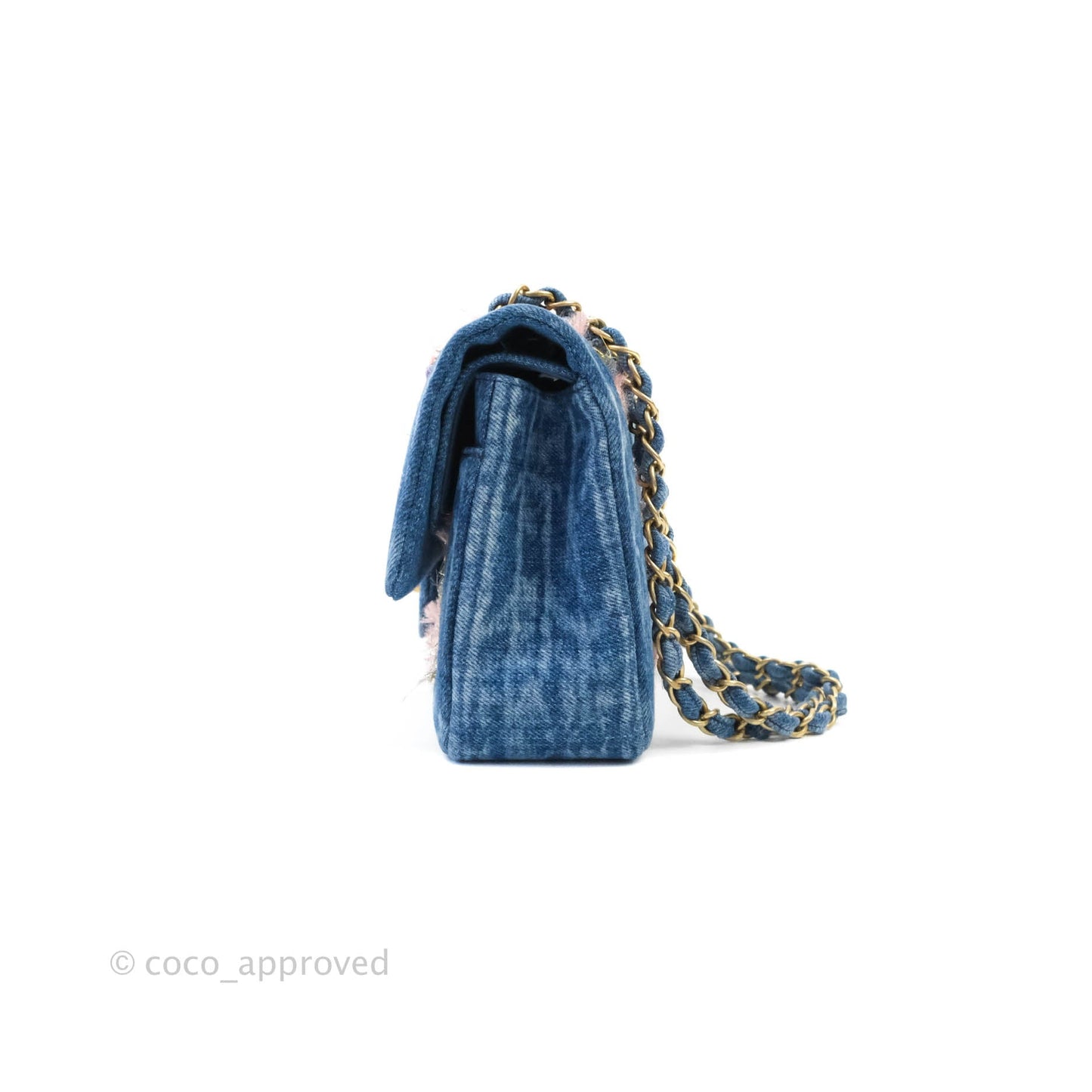 Chanel Quilted M/L Medium Double Flap Tweed Washed Denim Aged Gold Hardware