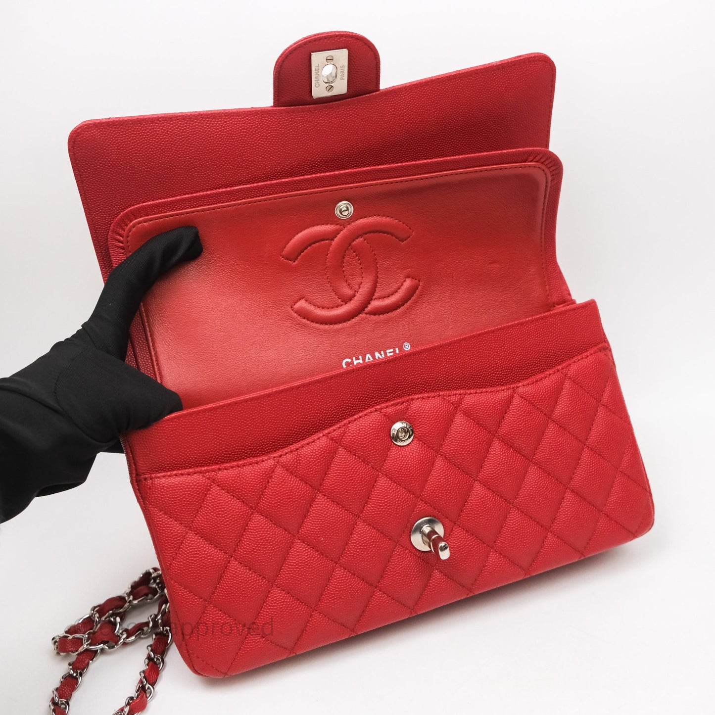 Chanel Classic M/L Medium Flap Quilted Red Caviar Silver Hardware