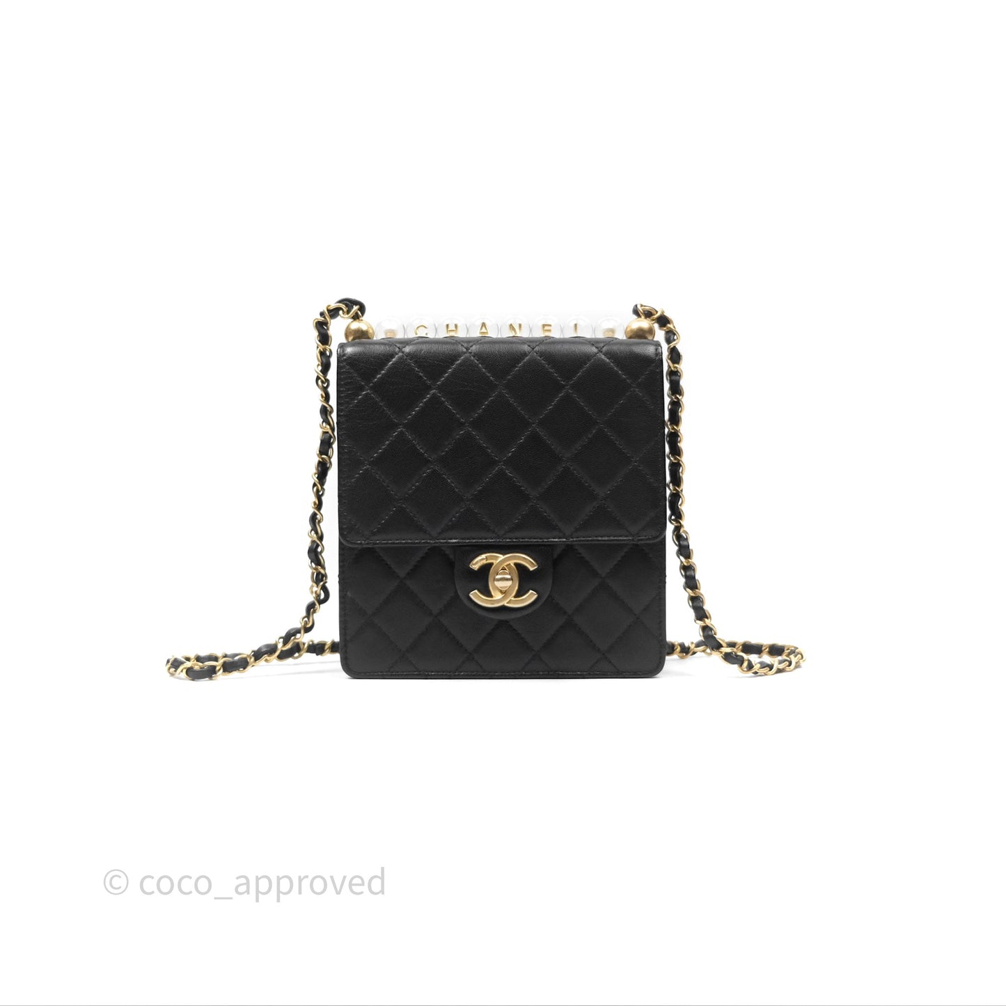 Chanel Quilted Chic Logo Pearls Flap Black Goatskin Aged Gold Hardware