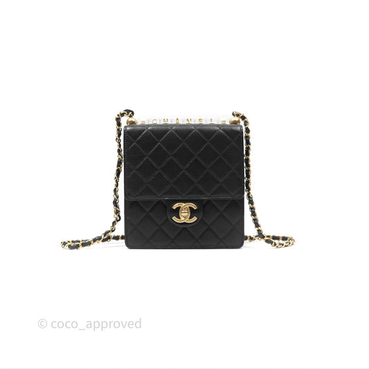 Chanel Quilted Chic Logo Pearls Flap Black Goatskin Aged Gold Hardware