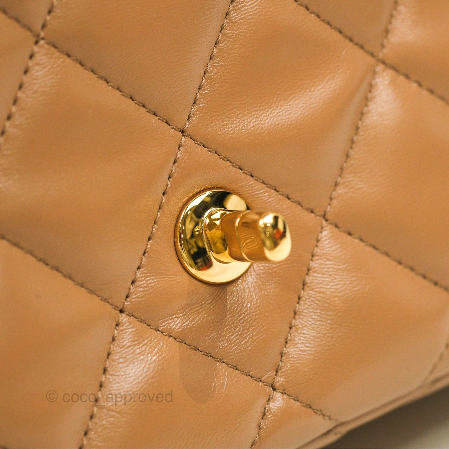 Chanel Top Handle Flap Bag Beige Shiny Lambskin Gold Hardware 23A