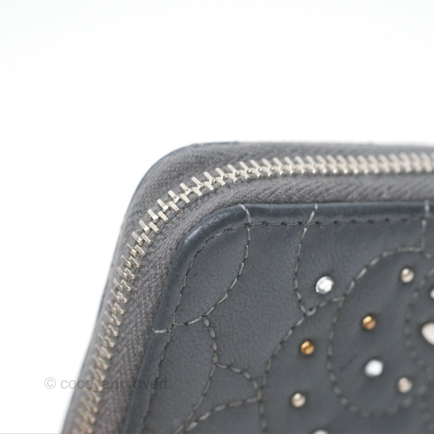 Chanel Camellia Crystal Studded Zipped Coin Purse Grey Silver Hardware