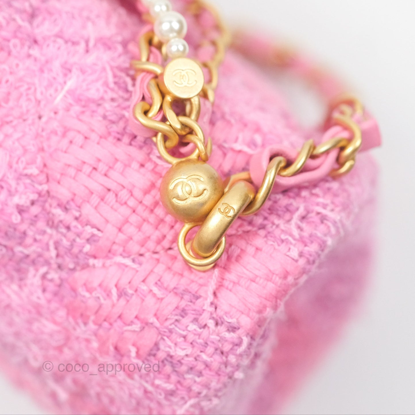 Chanel Mini Flap Bag with Pearl Chain Pink Tweed Aged Gold Hardware