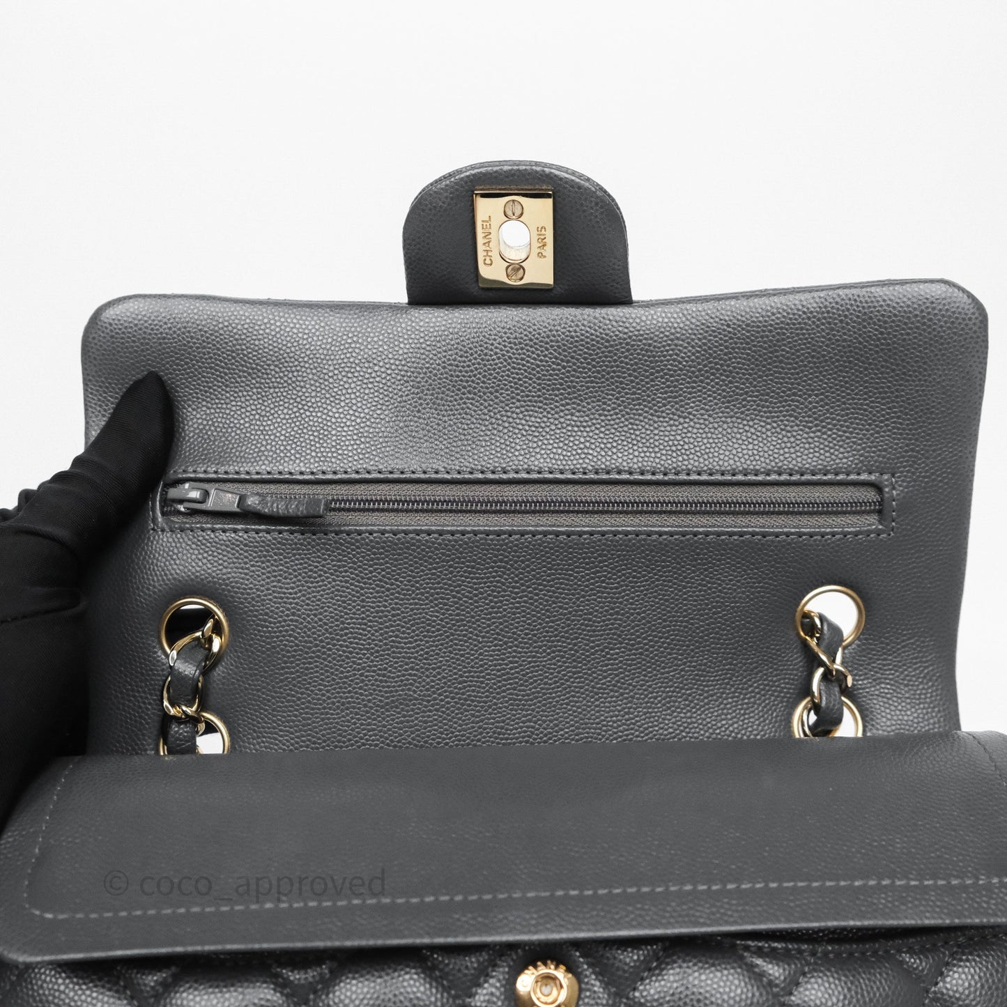 Chanel Small Classic Flap Quilted Dark Grey Caviar Gold Hardware