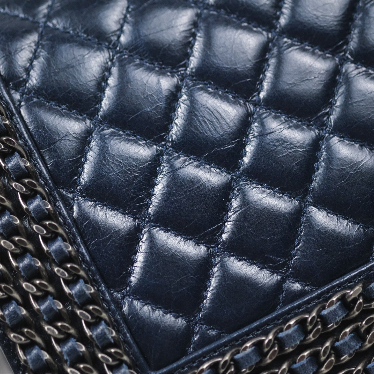 Chanel Medium Chain Edge Boy Quilted Navy Aged Glazed Calfskin Ruthenium Hardware