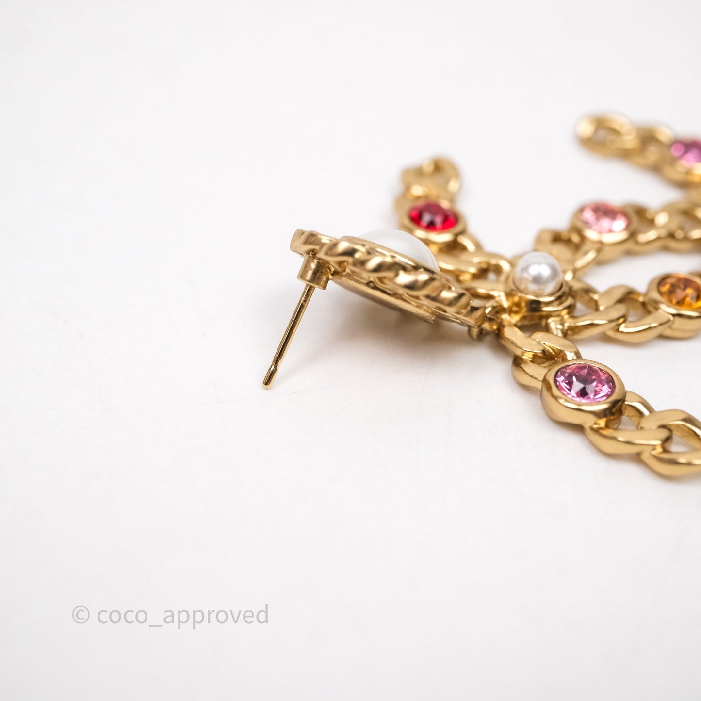 Chanel CC Drop Pearl Crystal Earrings Gold Tone 21P