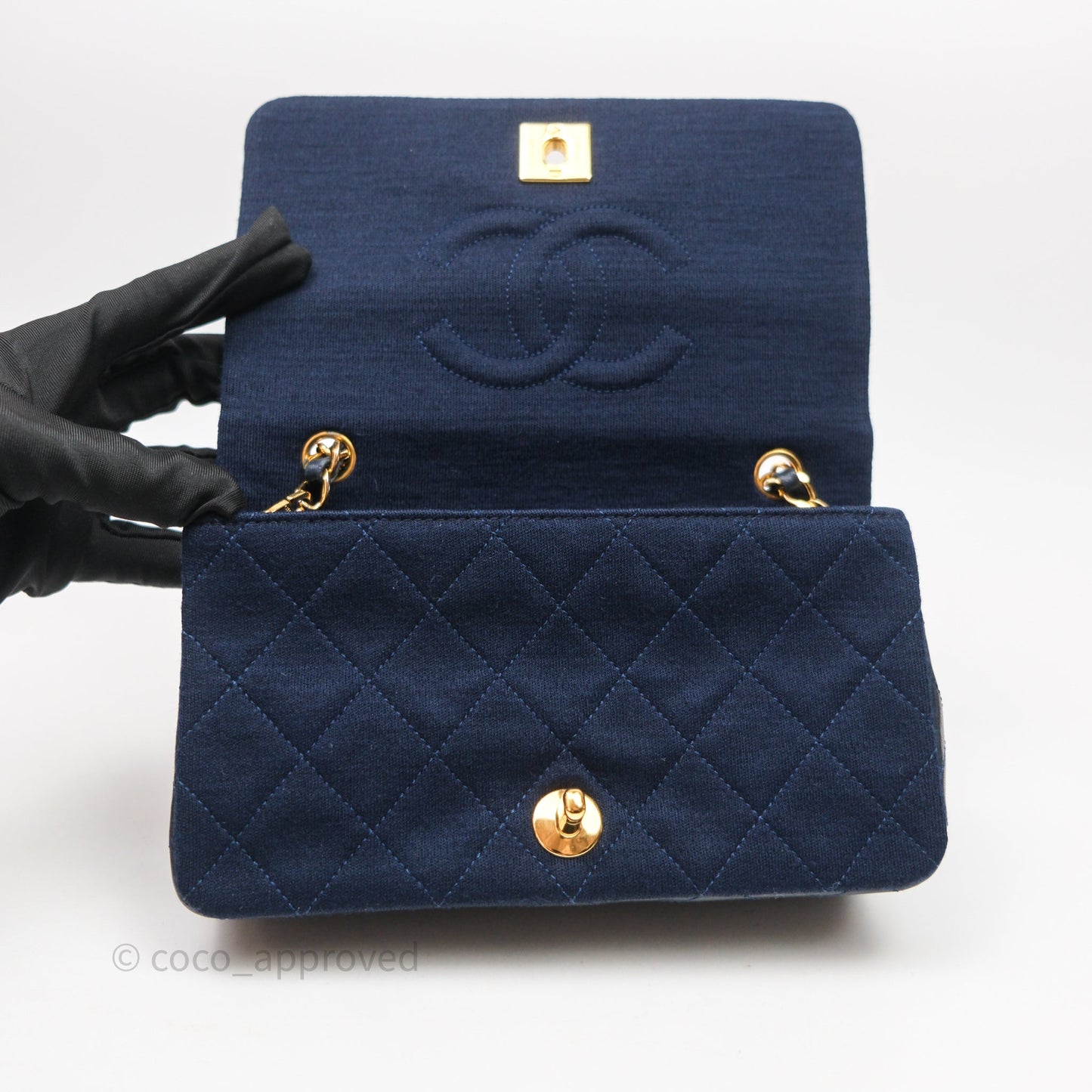 Chanel Vintage Mini Full Flap Bag Navy Fabrics / Lambskin 24K Gold Hardware