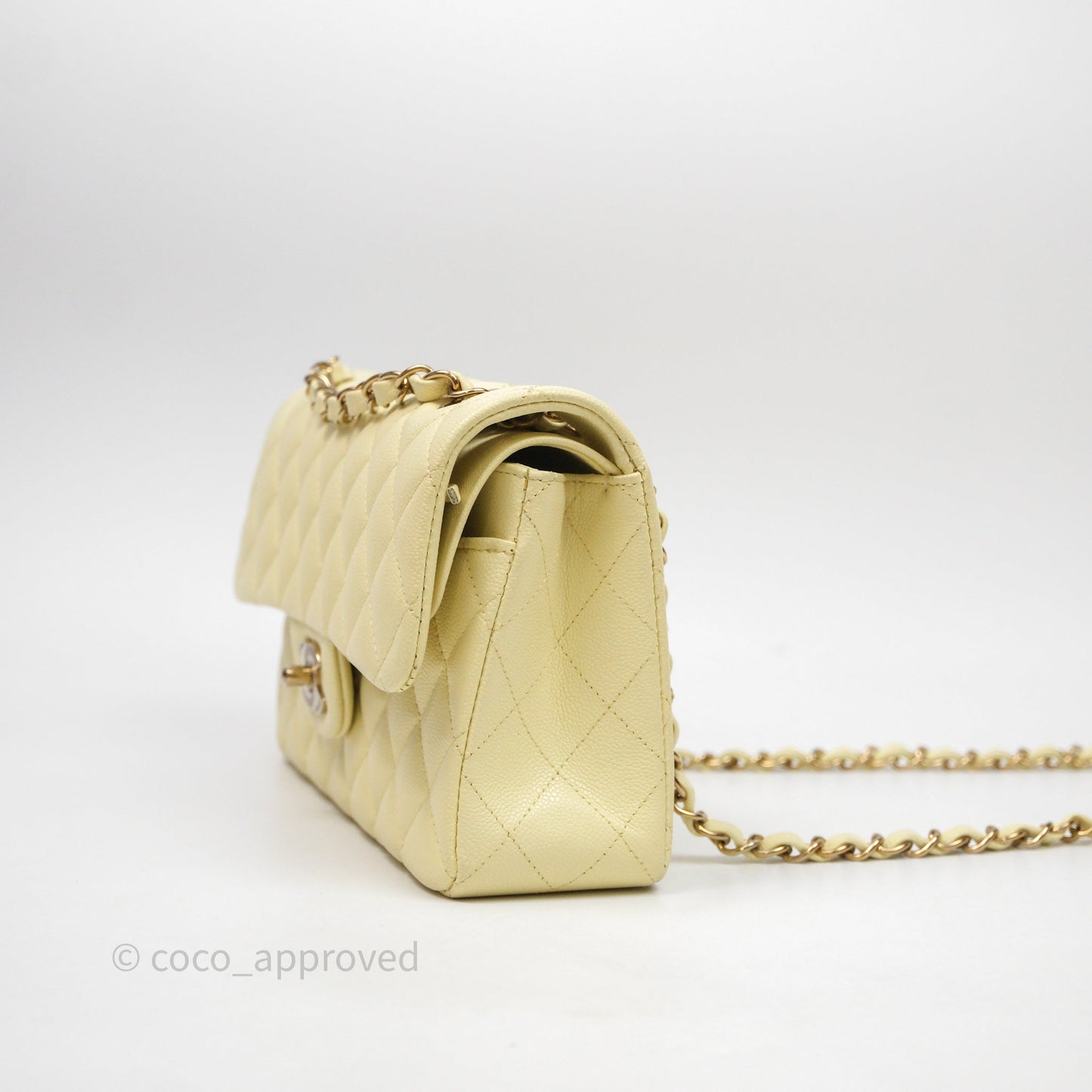 Chanel Small Classic Quilted Flap Light Yellow Caviar Gold Hardware