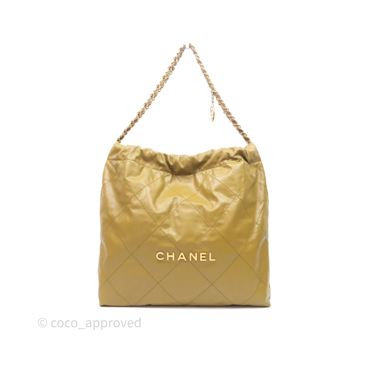 Chanel 22 Bag Medium Crumpled Olive Green Calfskin Aged Gold Hardware