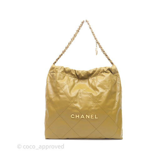 Chanel 22 Bag Medium Crumpled Olive Green Calfskin Aged Gold Hardware