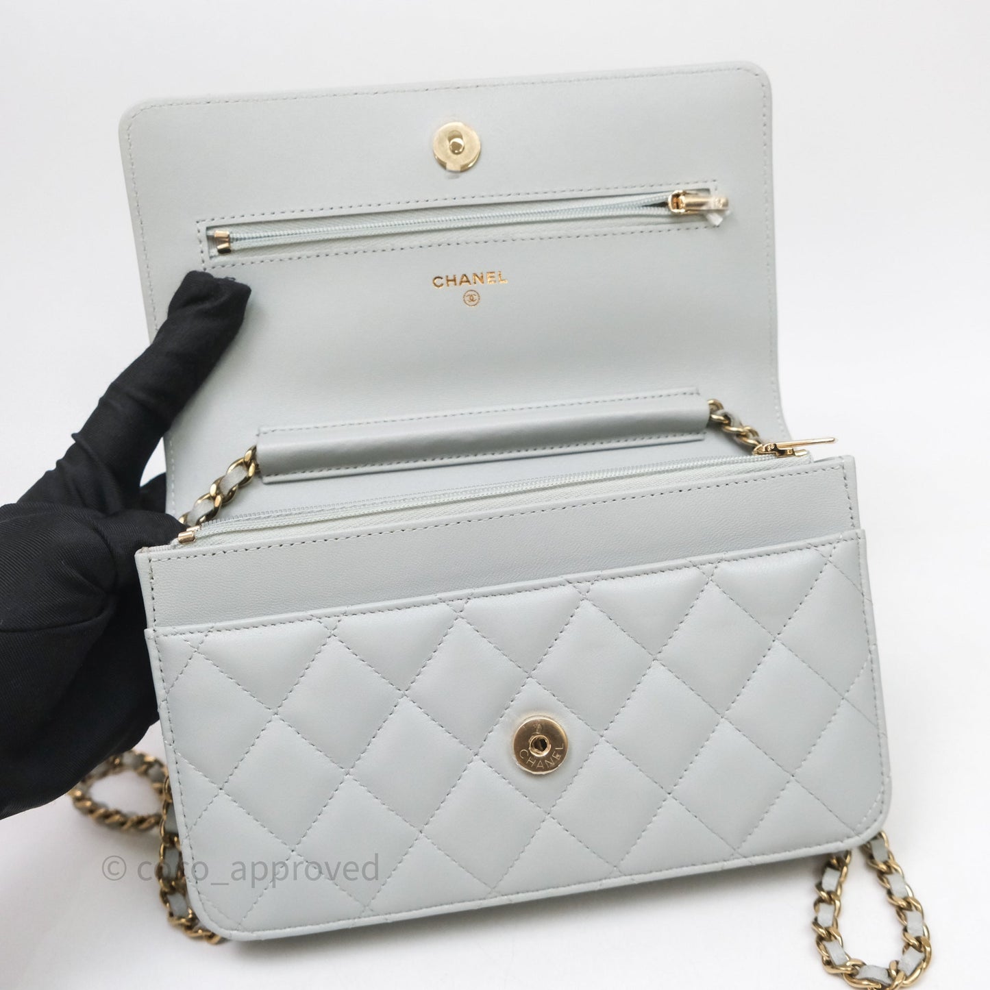 Chanel Classic Quilted Wallet on Chain WOC Grey Lambskin Gold Hardware