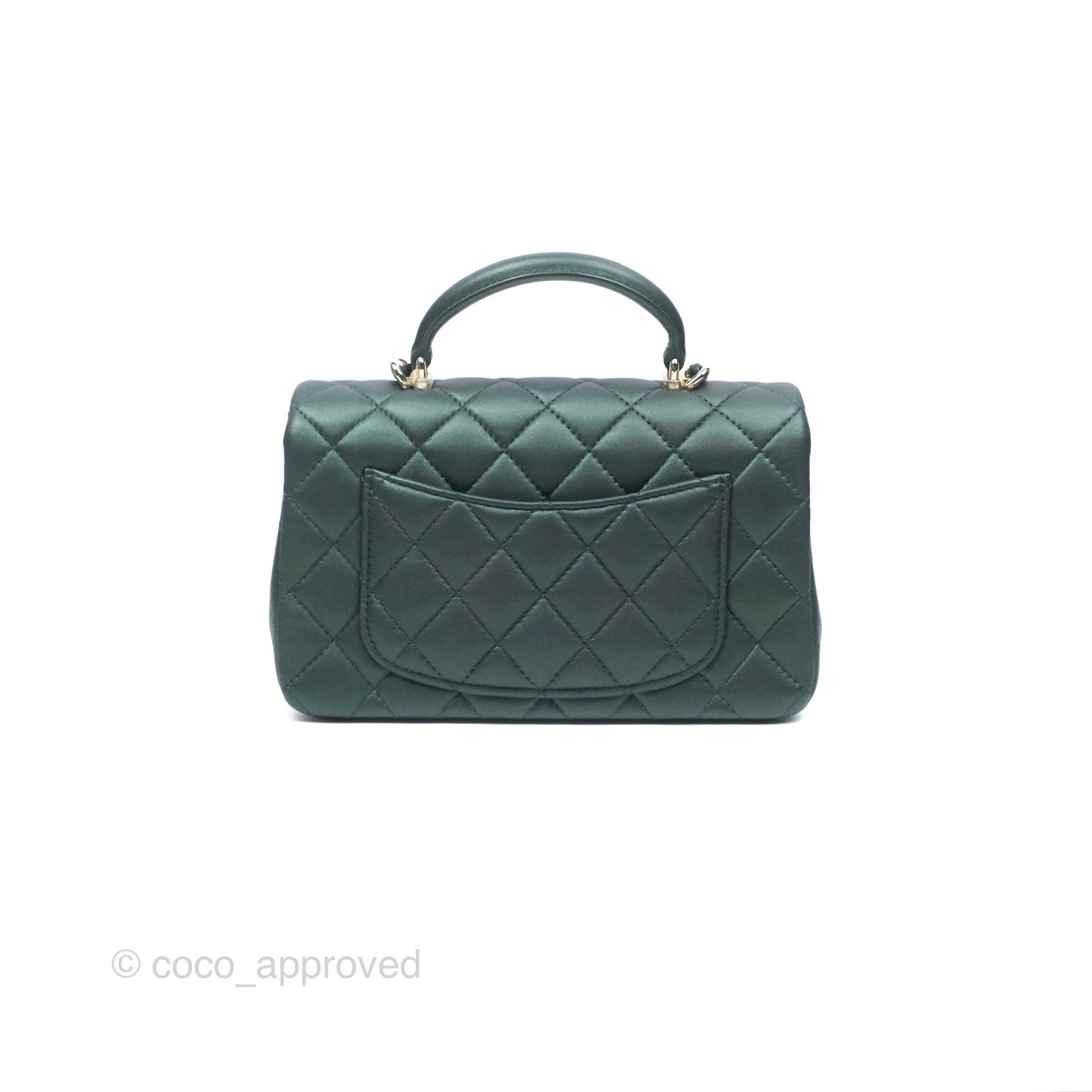 Chanel Top Handle Mini Rectangular Flap Bag Iridescent Dark Green Lambskin Gold Hardware
