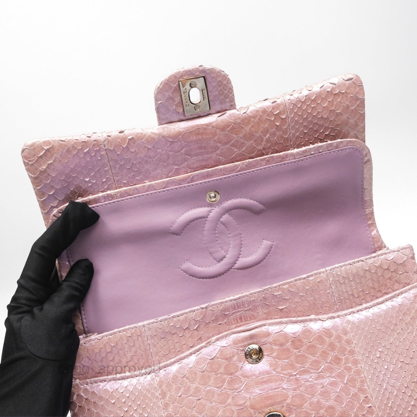Chanel Classic M/L Medium Flap Quilted Iridescent Pink Python Gold Hardware