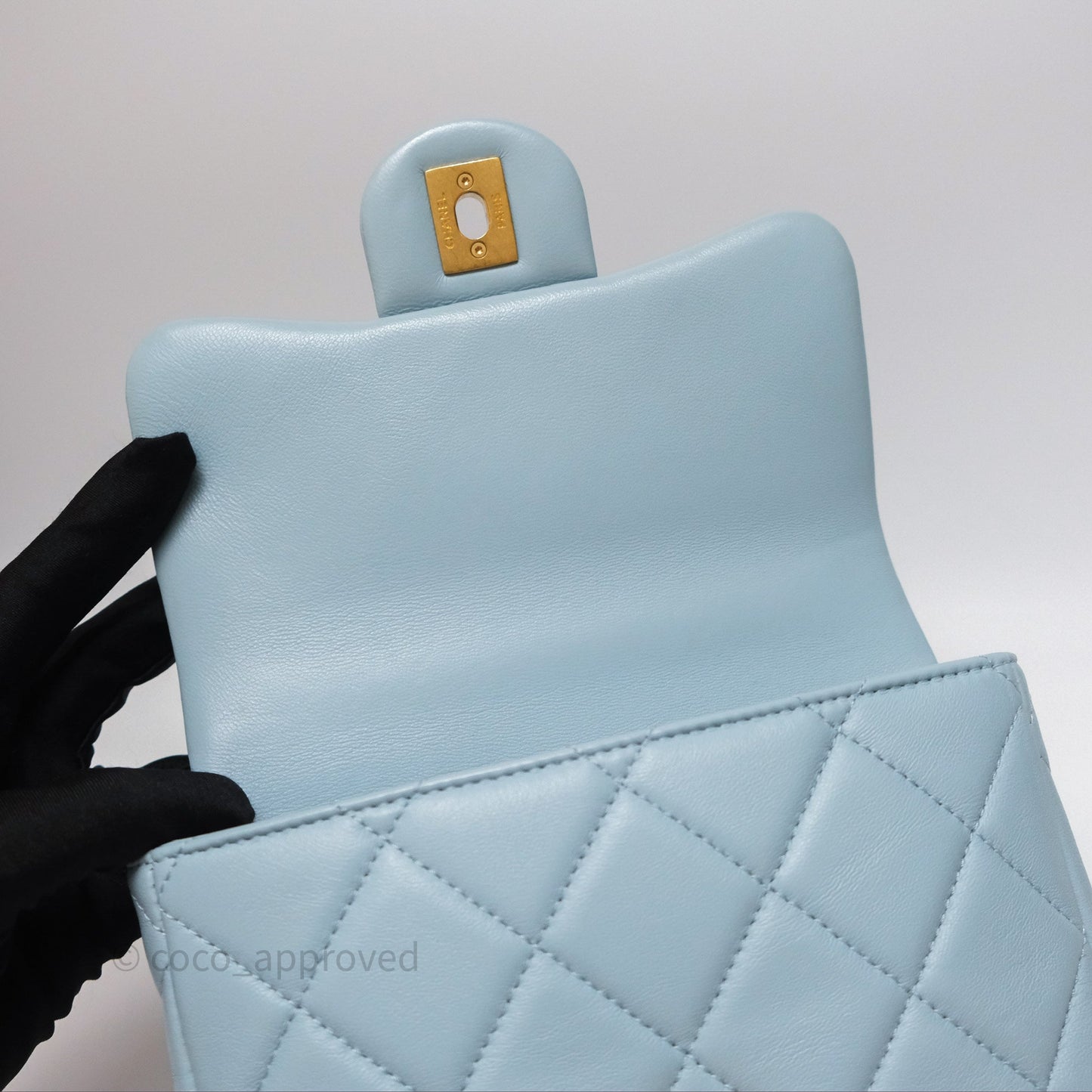 Chanel Quilted Enamel Pending CC Mini Square Flap Baby Blue Lambskin 22P