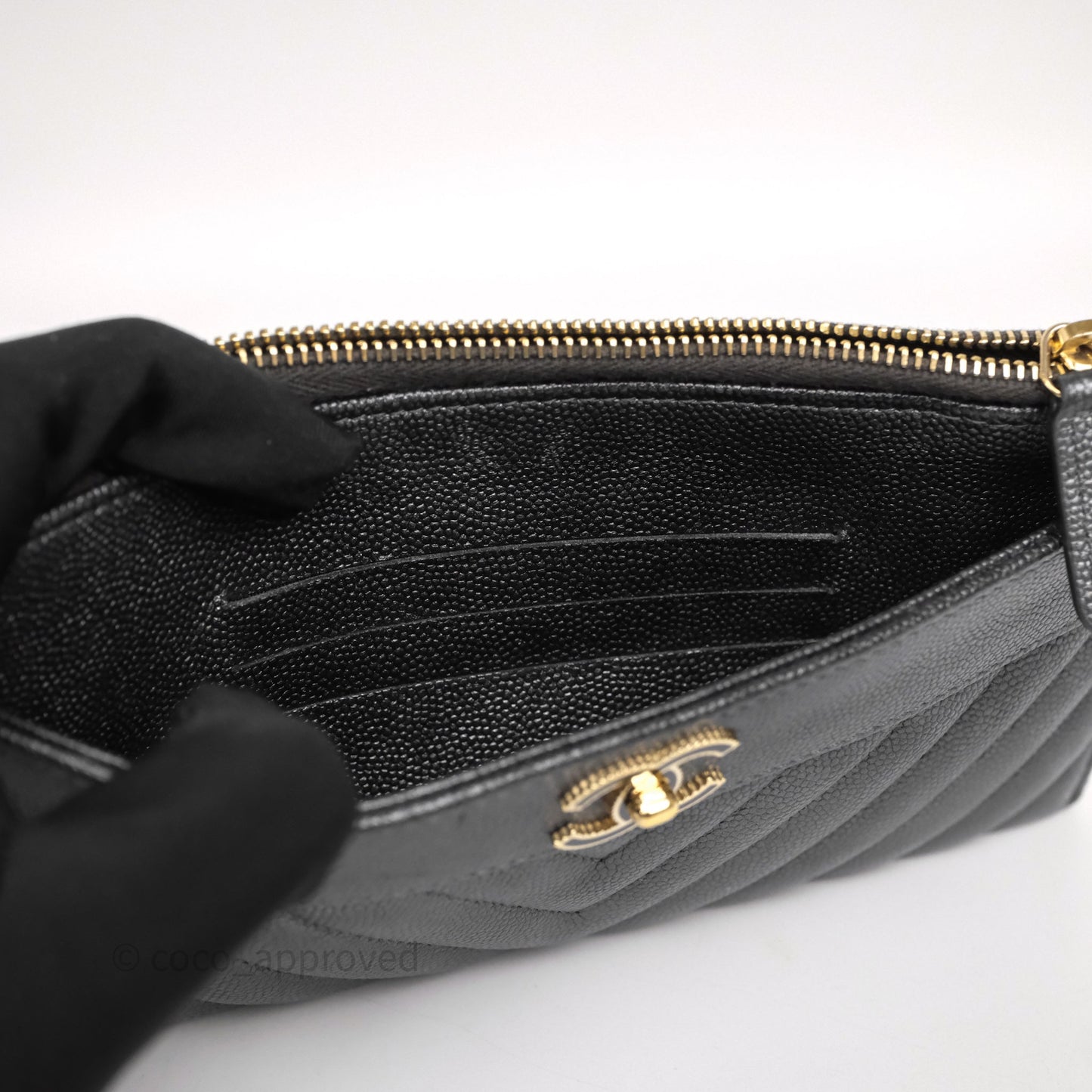 Chanel Chevron Zip Long Wallet Grey Caviar Gold Hardware