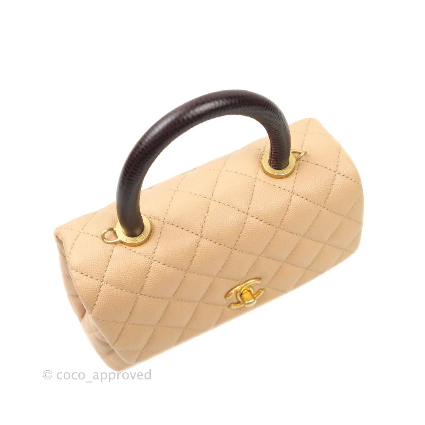 Chanel Mini (Small) Coco Handle Quilted Beige Caviar Gold Hardware Embossed Lizard Handle