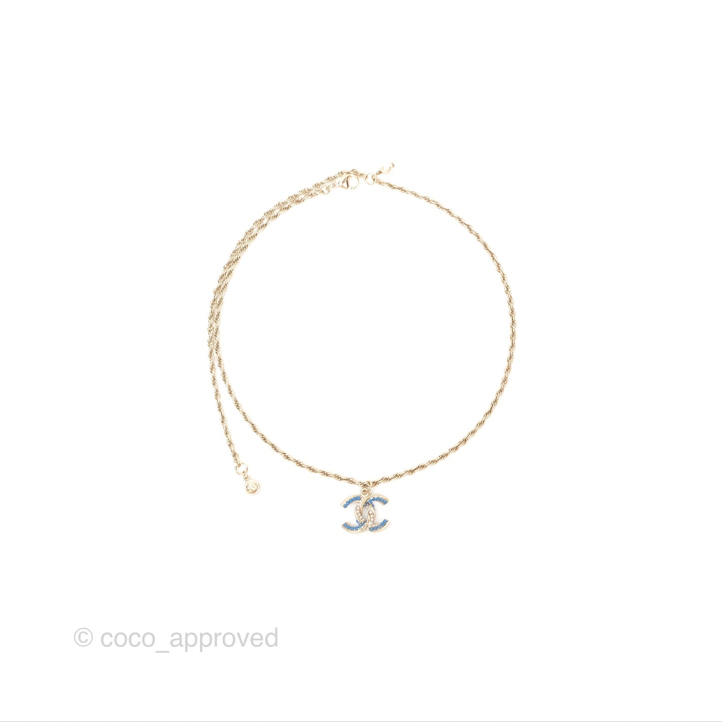 Chanel Pearl CC Necklace Blue Gold Tone 18P