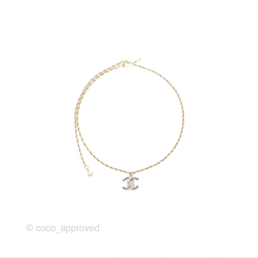 Chanel Pearl CC Necklace Blue Gold Tone 18P