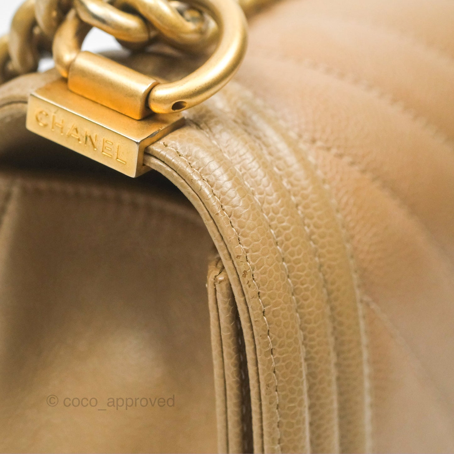 Chanel Medium Boy Chevron Beige Caviar Aged Gold Hardware