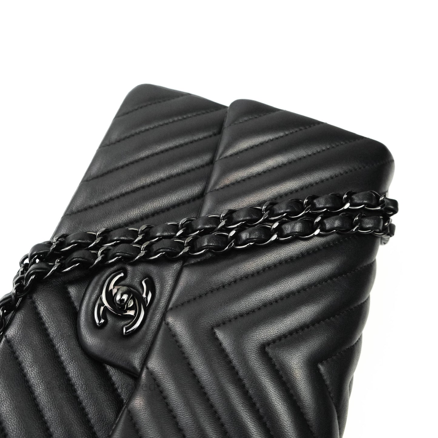 Chanel Classic Chevron M/L Medium Double Flap So Black Lambskin