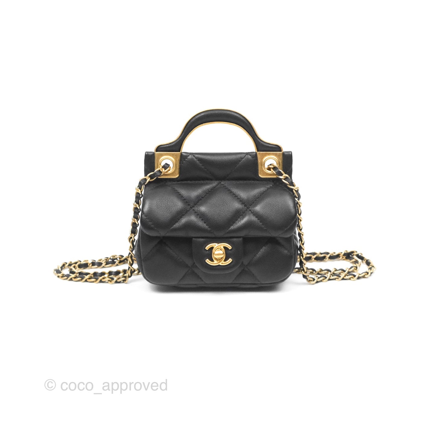 Chanel Lady Handle Flap Card Holder With Chain Black Calfskin Gold Hardware