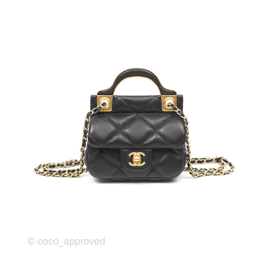 Chanel Lady Handle Flap Card Holder With Chain Black Calfskin Gold Hardware