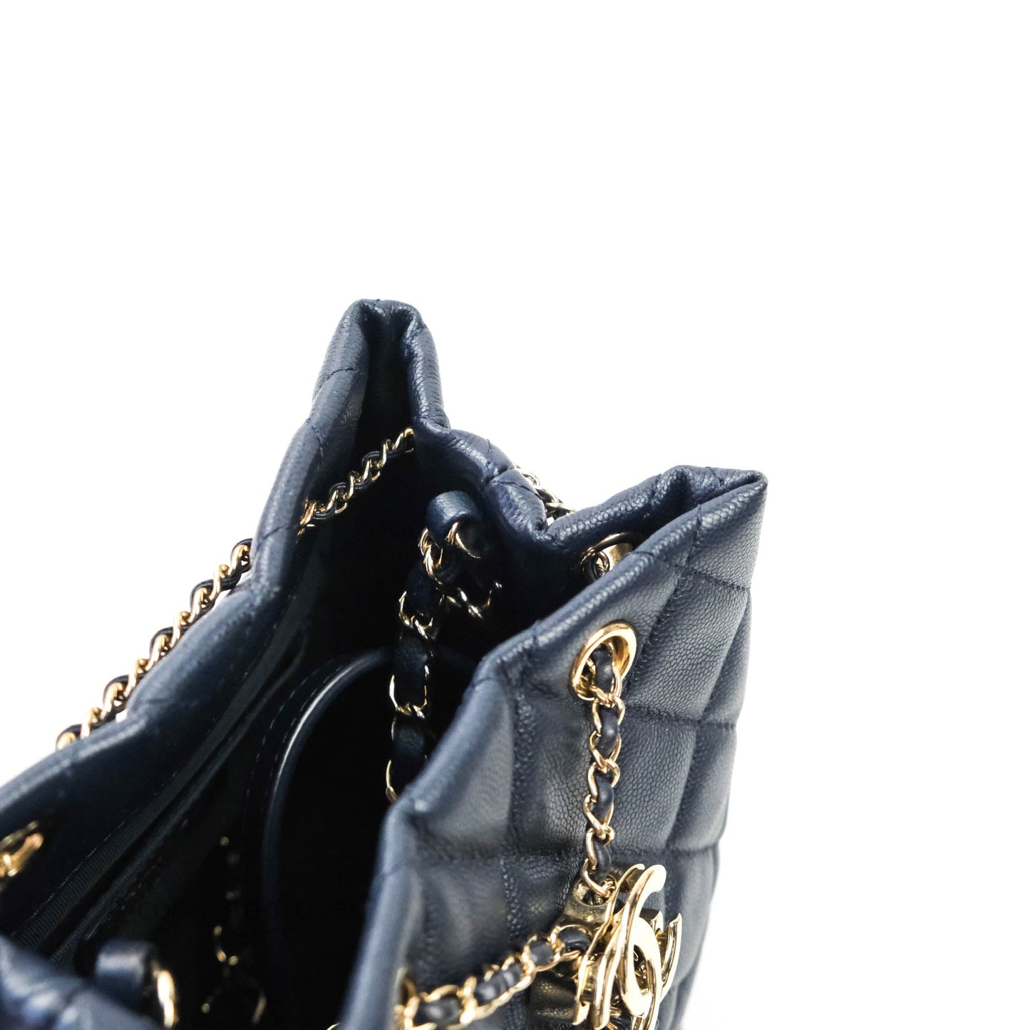 Chanel Caviar Quilted Rolled Up Bucket Drawstring Bag Navy Gold Hardware