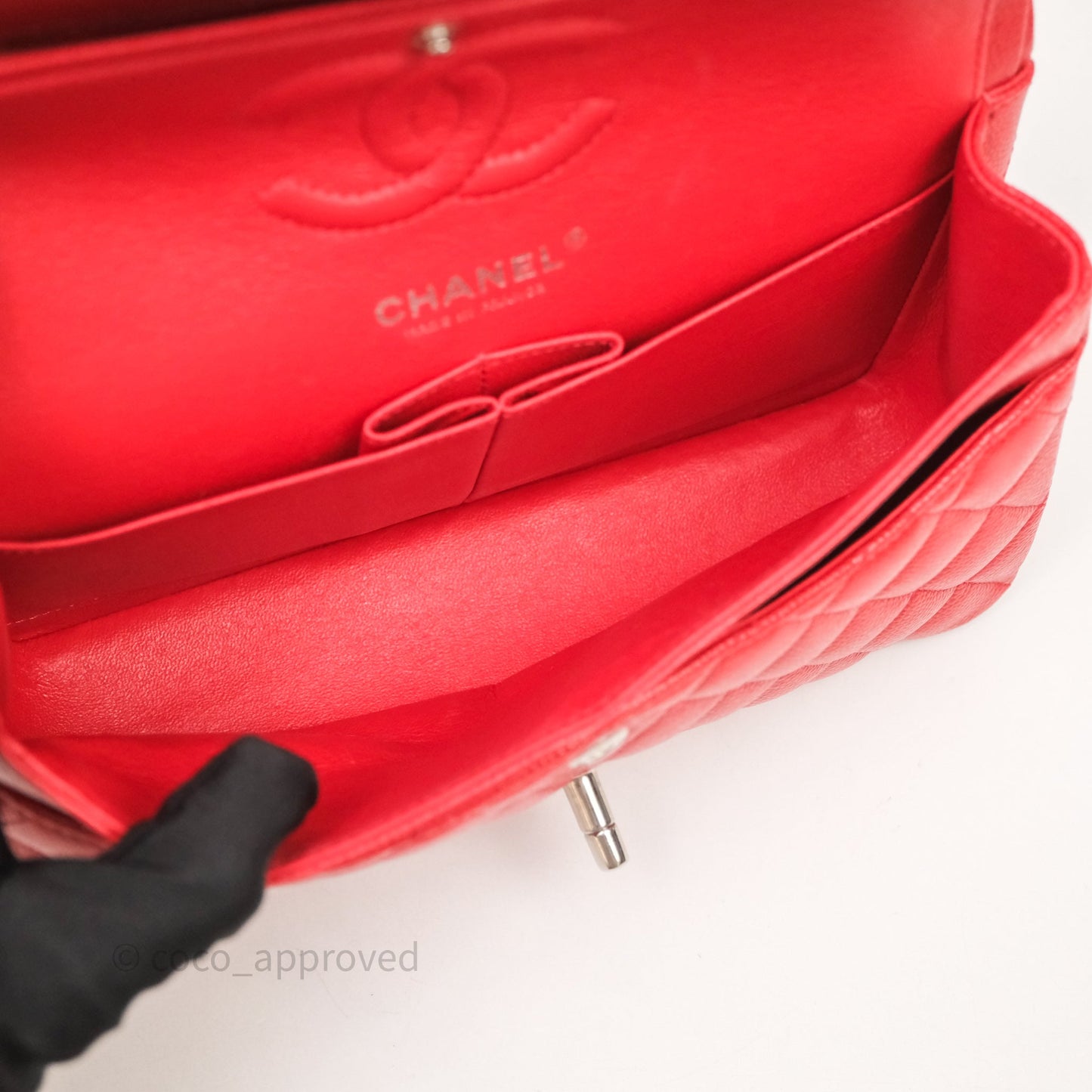 Chanel Small Classic Flap Quilted Red Caviar Silver Hardware