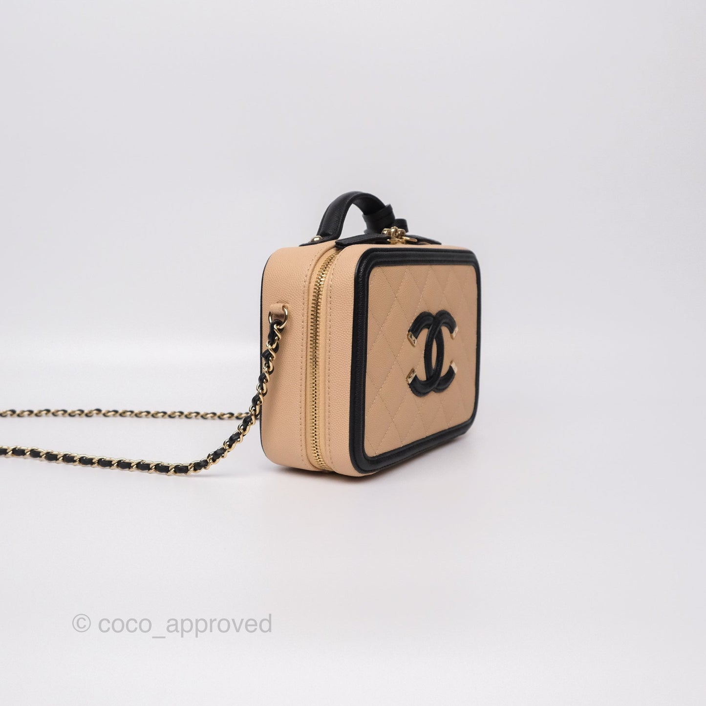 Chanel Quilted Small CC Filigree Vanity Case Black Beige Caviar Gold Hardware