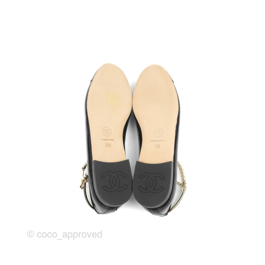 Chanel Ankle Pearl Flat Ballerinas Black Lambskin 23C Sizes 37