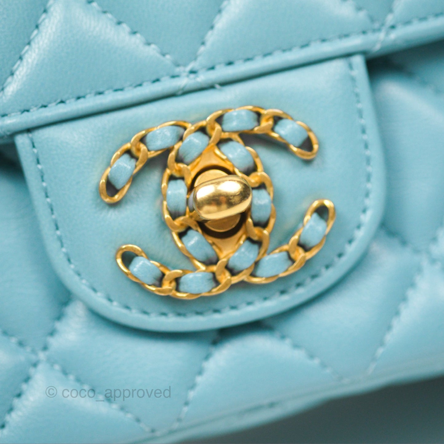 Chanel Flap Bag with Crystal Logo Top Handle Tiffany Blue Lambskin Aged Gold Hardware