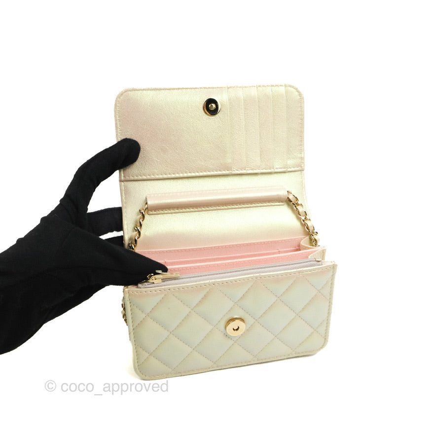 Chanel Quilted Mini Wallet on Chain WOC Iridescent Ivory Gold Hardware 20B