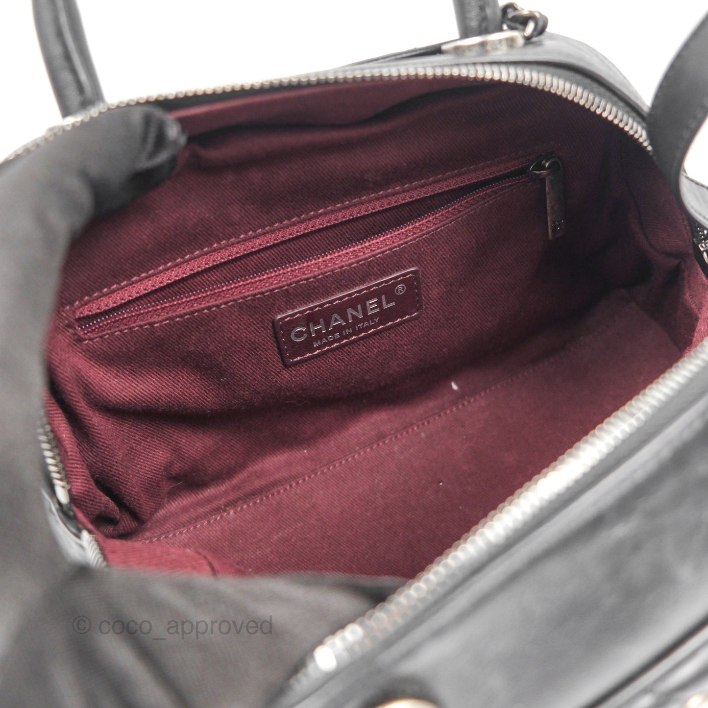 Chanel Quilted Small Handle Bowling Bag Black Aged Calfskin Ruthenium Hardware