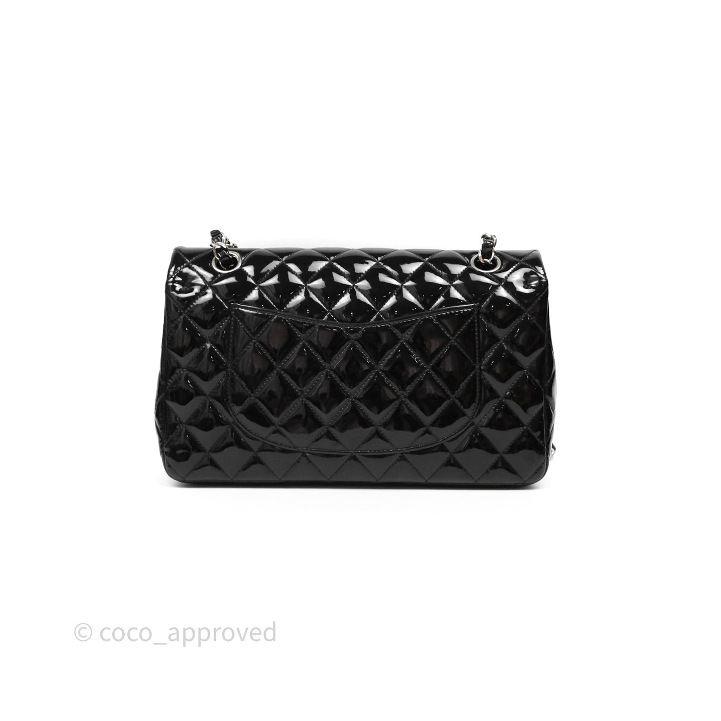 Chanel Classic M/L Medium Flap Quilted Black Patent Silver Hardware