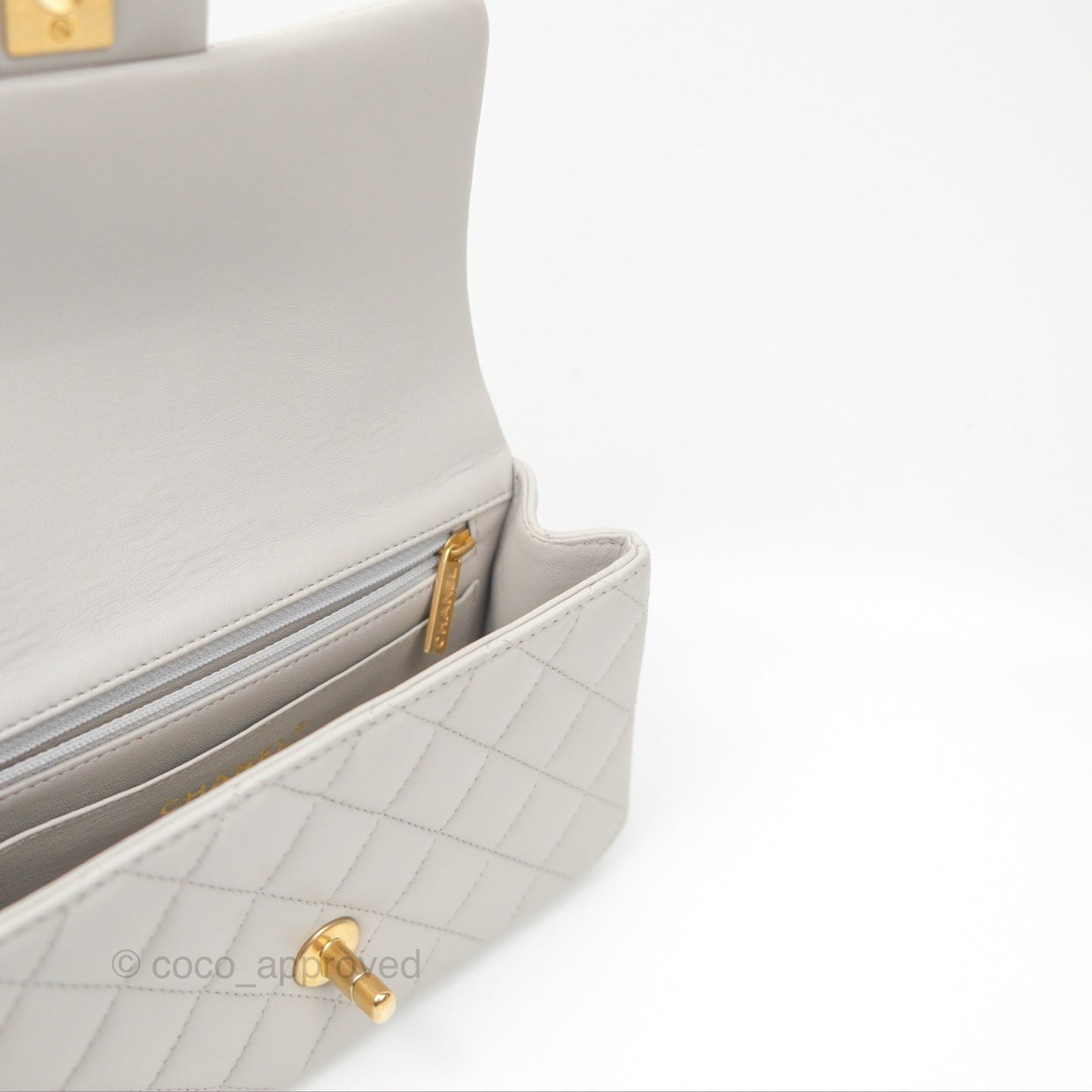 Chanel Top Handle Mini Rectangular Flap Bag Light Grey Lambskin Aged Gold Hardware