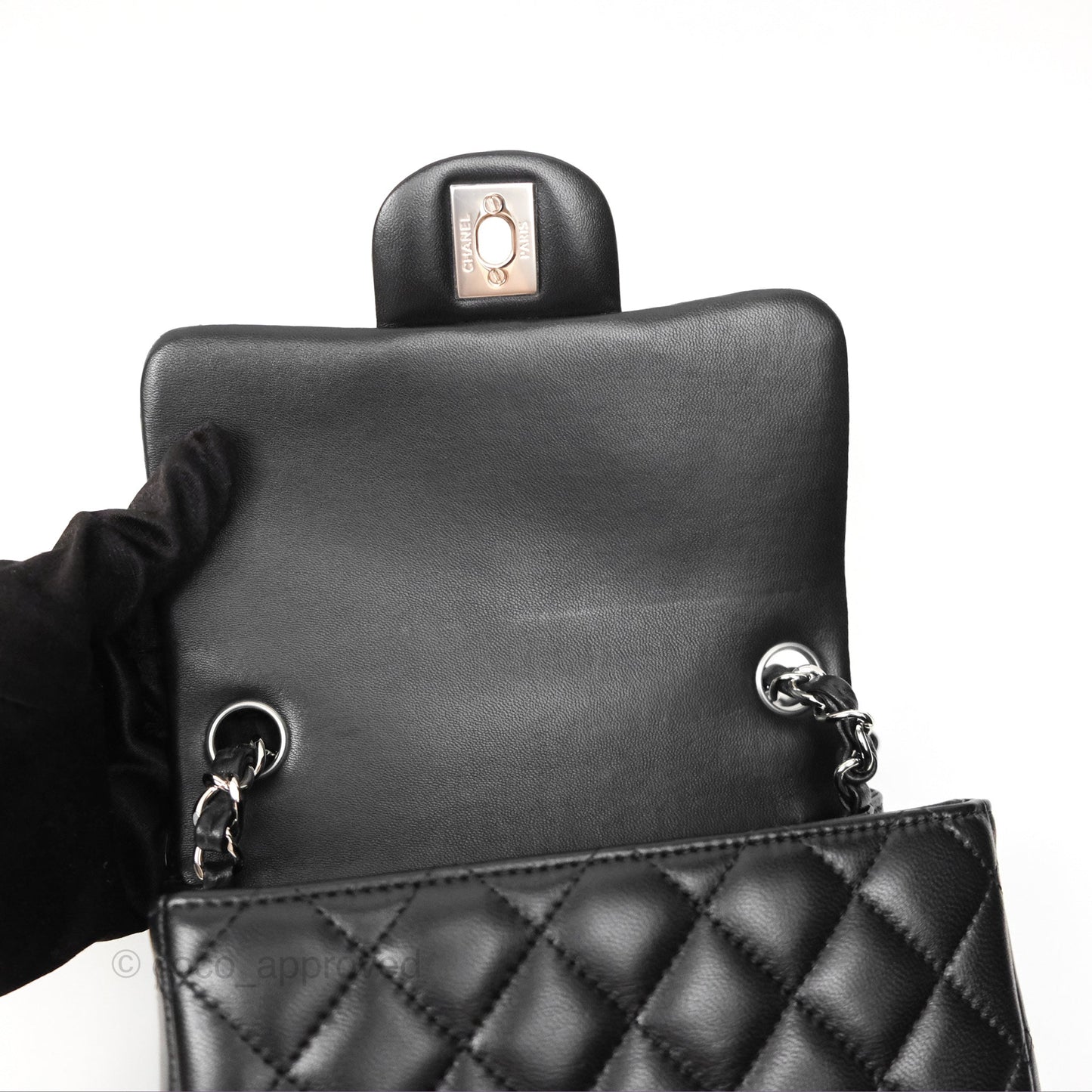 Chanel Mini Square Flap Quilted Black Lambskin Silver Hardware
