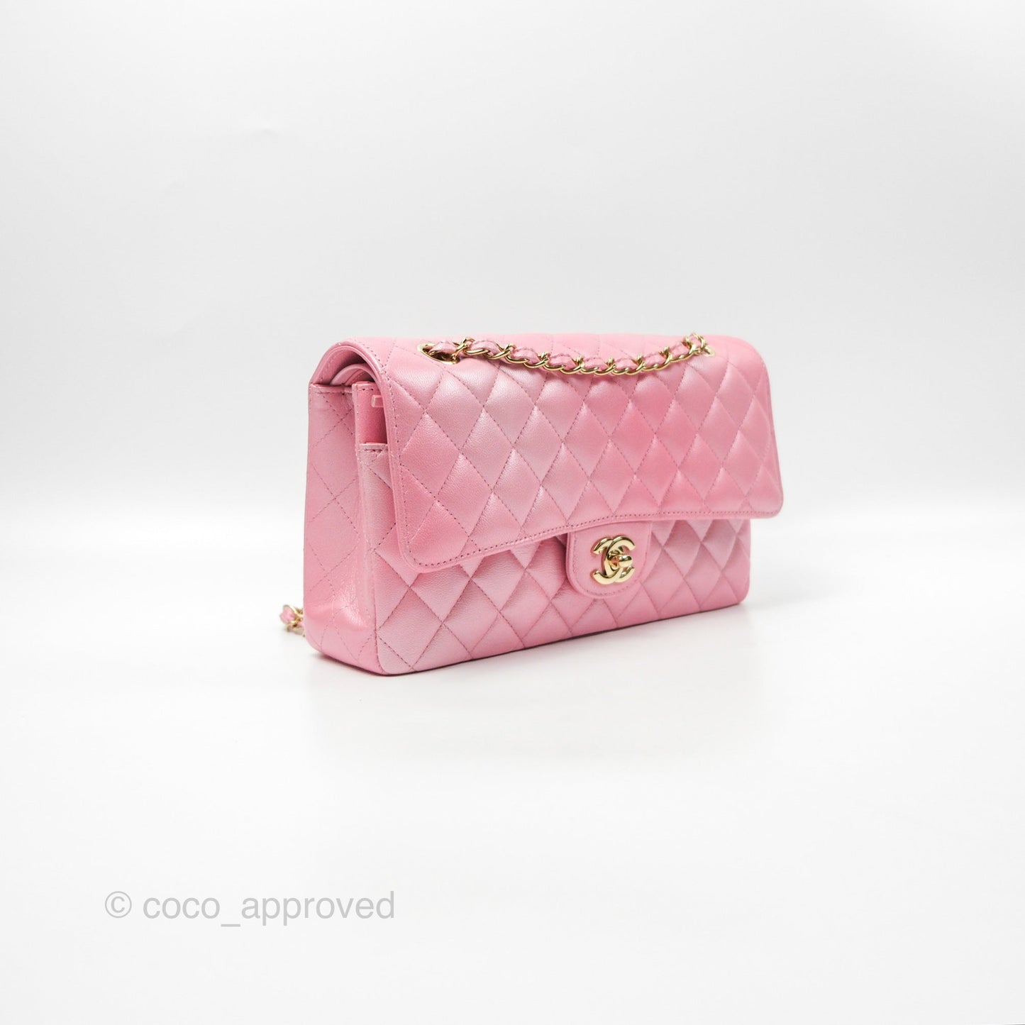 Chanel Classic M/L Medium Flap Quilted Pink Cloudy Pearly Goatskin Gold Hardware 23S