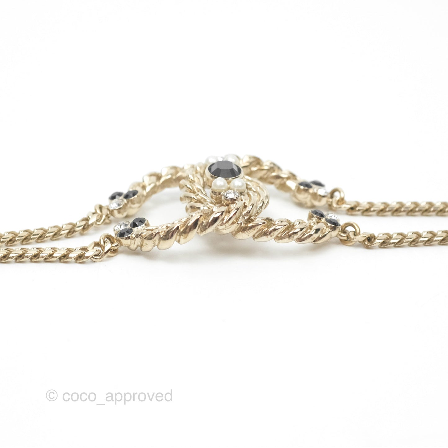 Chanel Large Chain CC Crystal Pearl Black Resin Bracelet Gold Tone 20P
