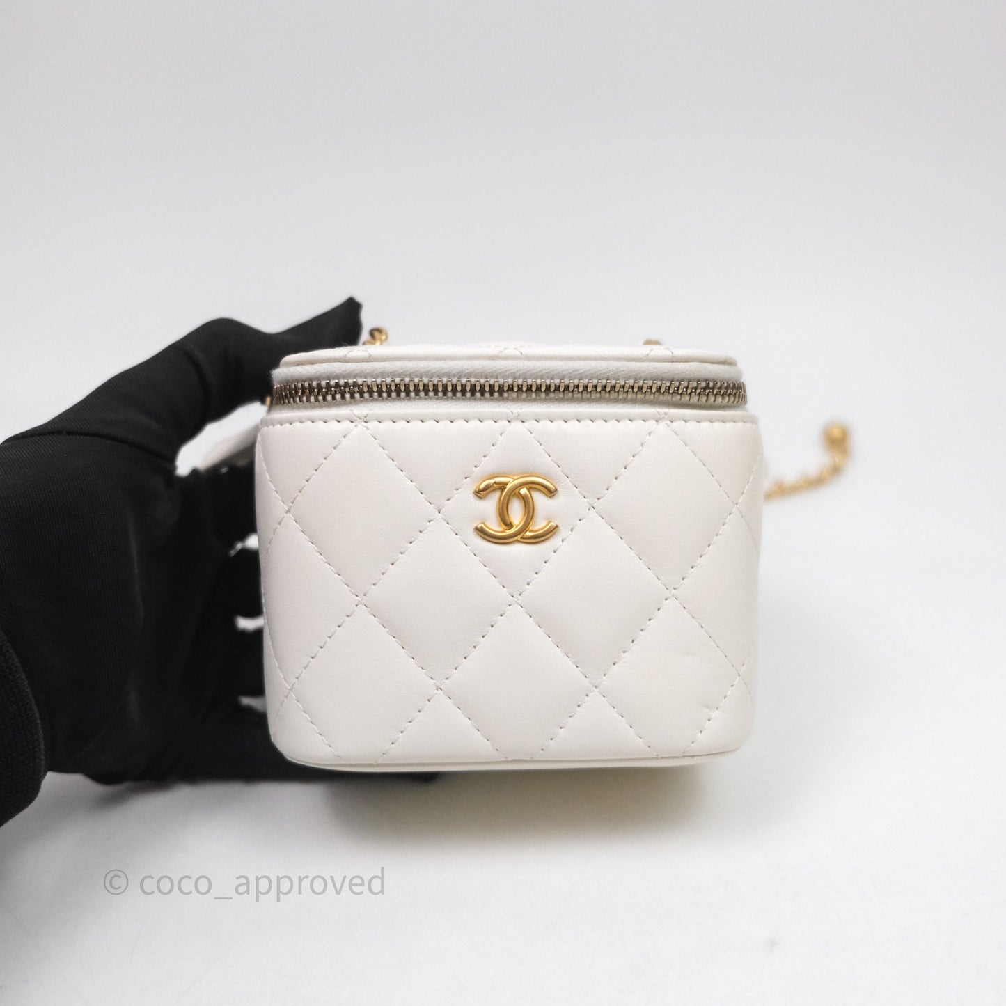 Chanel Quilted Pearl Crush Mini Vanity With Chain Ivory White Lambskin Aged Gold Hardware