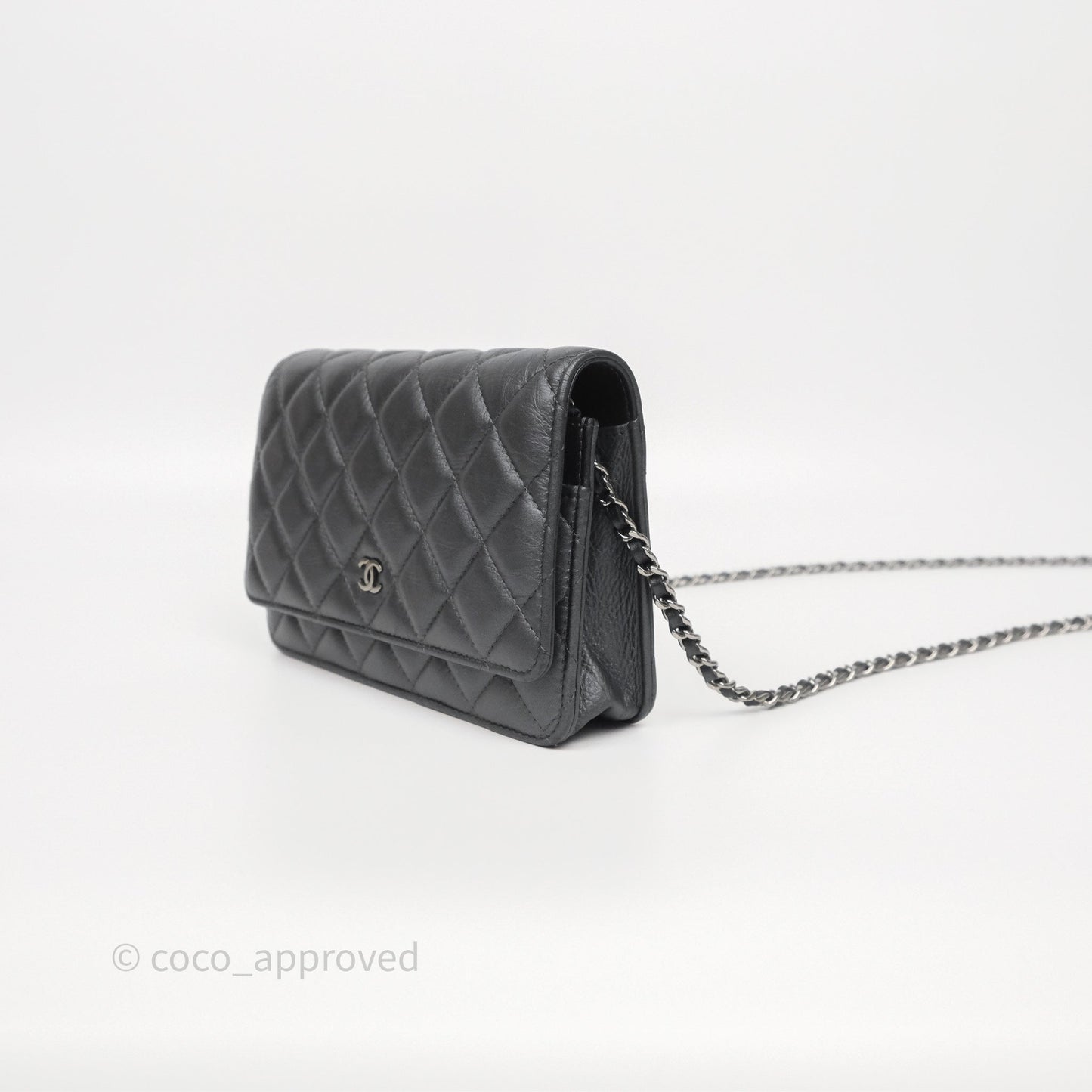 Chanel Tassel Charm Wallet On Chain WOC Iridescent Dark Silver Aged Calfskin
