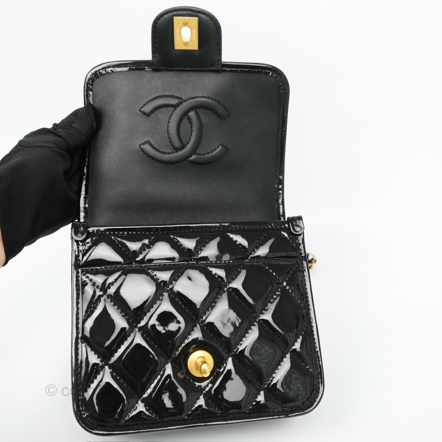 Chanel Mini School Memory Top Handle Flap Black Patent 22K
