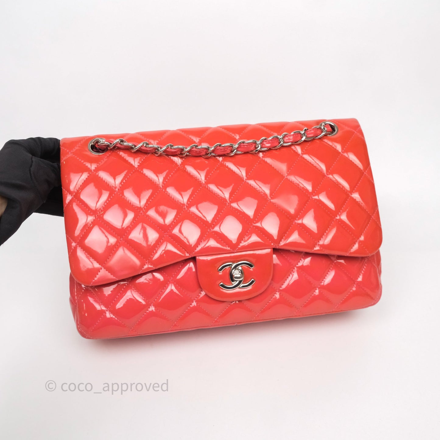 Chanel Jumbo Double Flap Red Orange Patent Silver Hardware⁣⁣