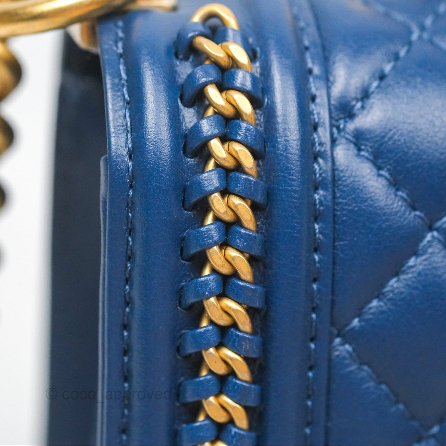 Chanel Quilted Medium Boy With Handle Dark Blue Calfskin Aged Gold Hardware